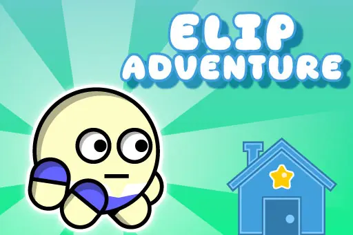 Personagem de forma elíptica com cores suaves, usando roupas azuis, com o logo do jogo "Elip Adventure" e um ícone de casa com estrela ao fundo.